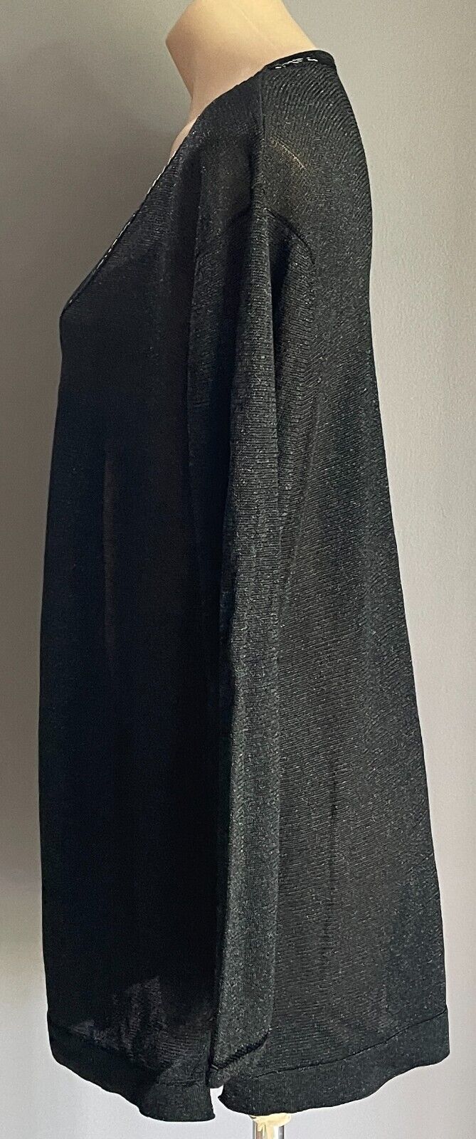 SANDRA STEINER Black Silver Metallic Thread Knit Bead Tie Front Cardigan Sz XL