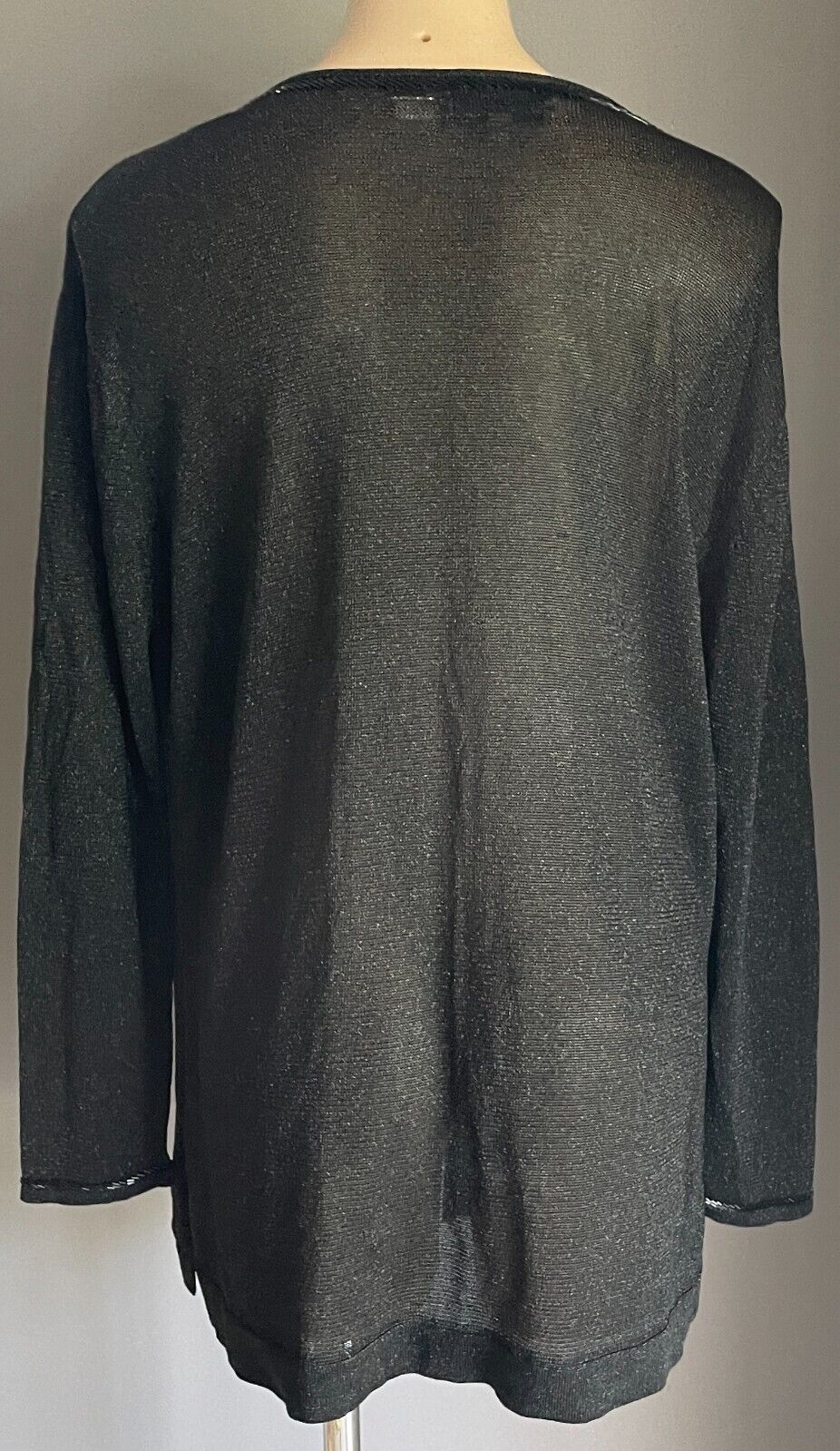 SANDRA STEINER Black Silver Metallic Thread Knit Bead Tie Front Cardigan Sz XL