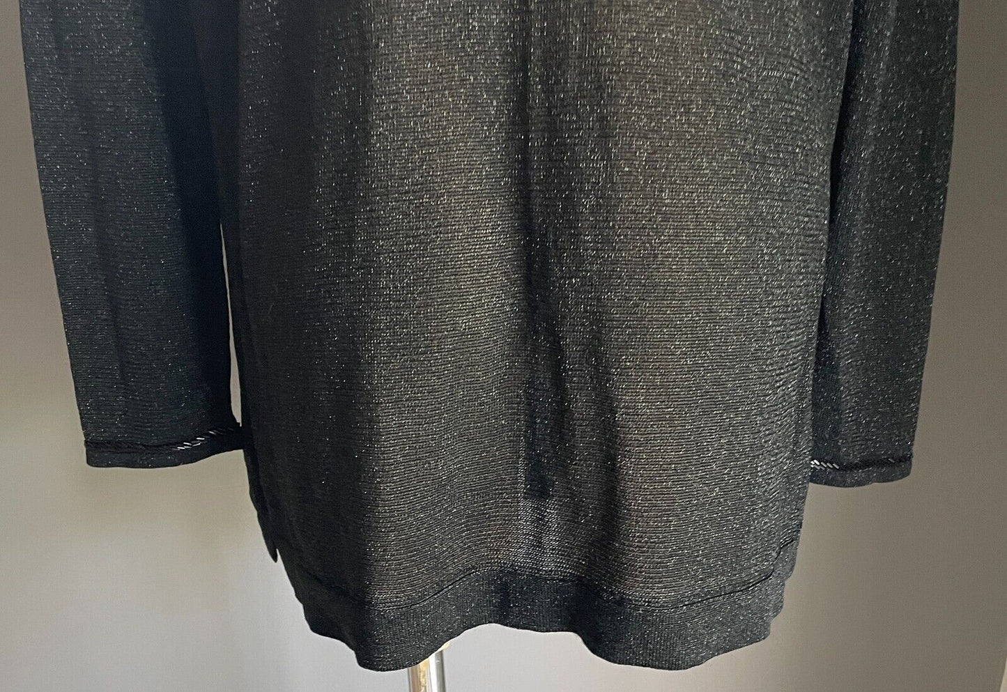 SANDRA STEINER Black Silver Metallic Thread Knit Bead Tie Front Cardigan Sz XL