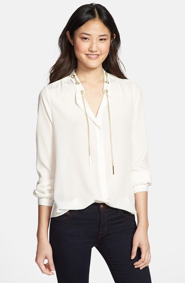 MICHAEL KORS Off White Blouse Gold Chain Neck Button Front Top Sz XL 12 14 NEW