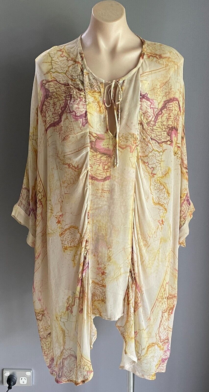 SAN CERRE Silk Kaftan Top Blouse Beige Yellow Pink Map Print Sheer Size XL 16