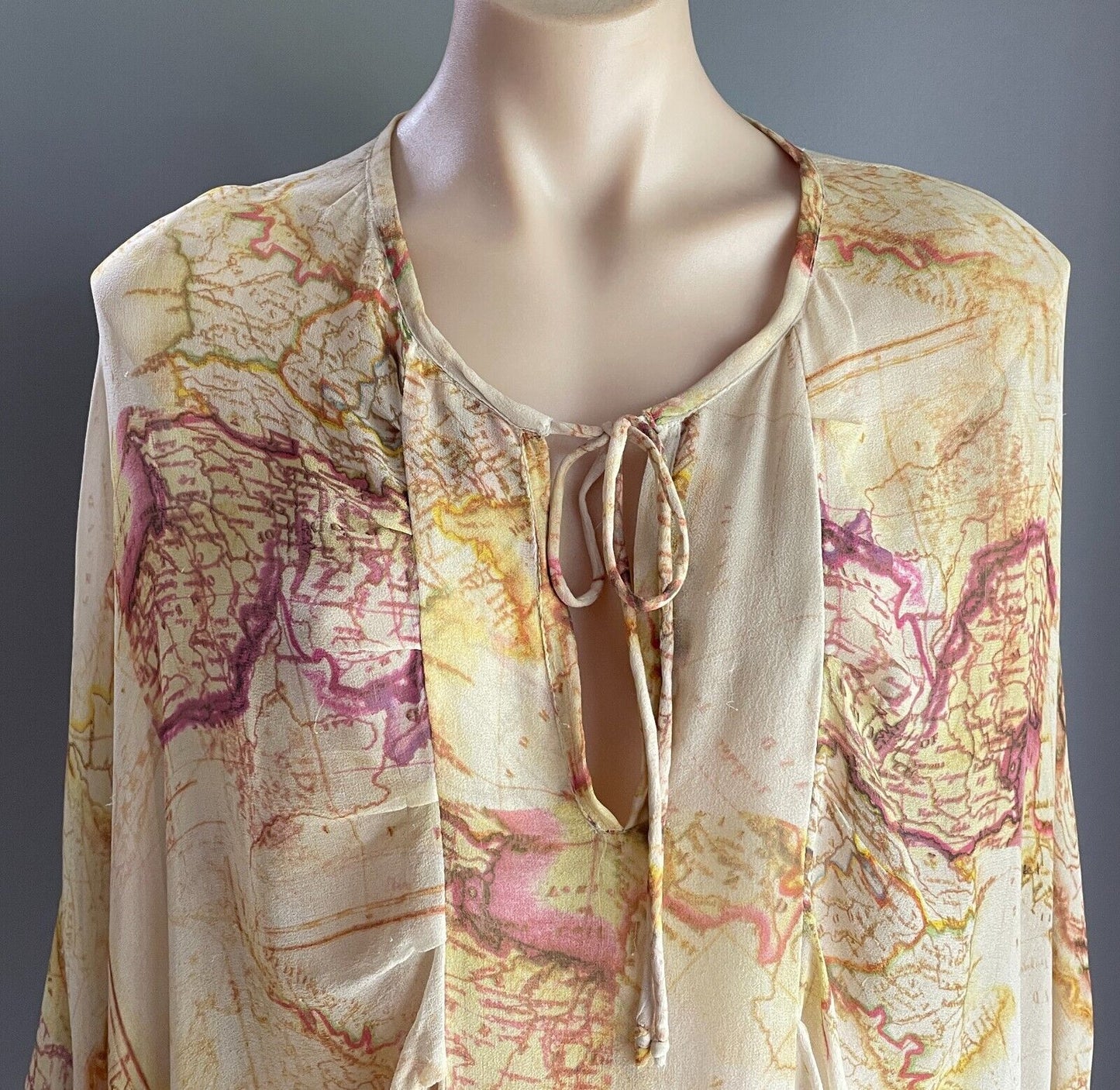 SAN CERRE Silk Kaftan Top Blouse Beige Yellow Pink Map Print Sheer Size XL 16