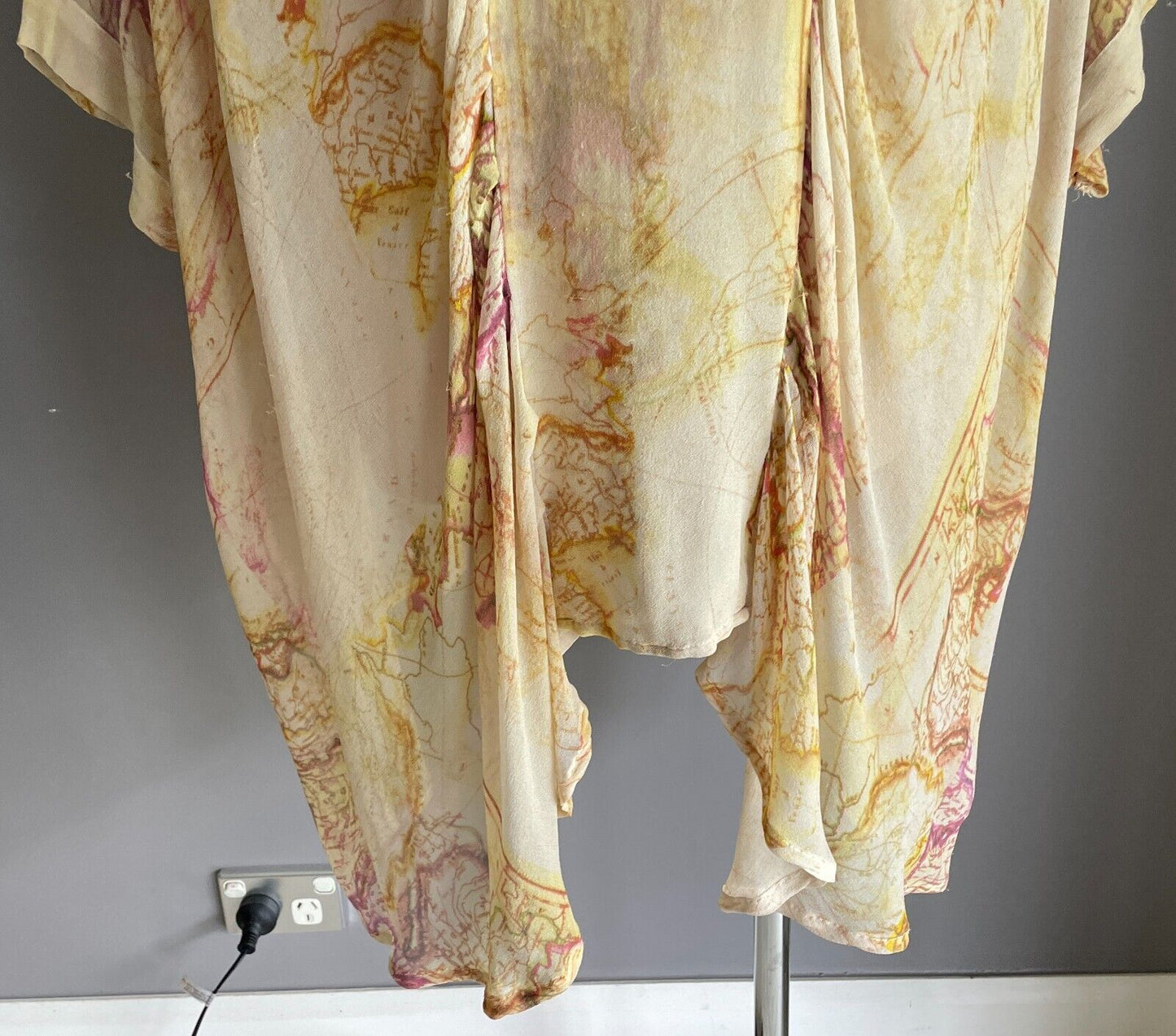 SAN CERRE Silk Kaftan Top Blouse Beige Yellow Pink Map Print Sheer Size XL 16