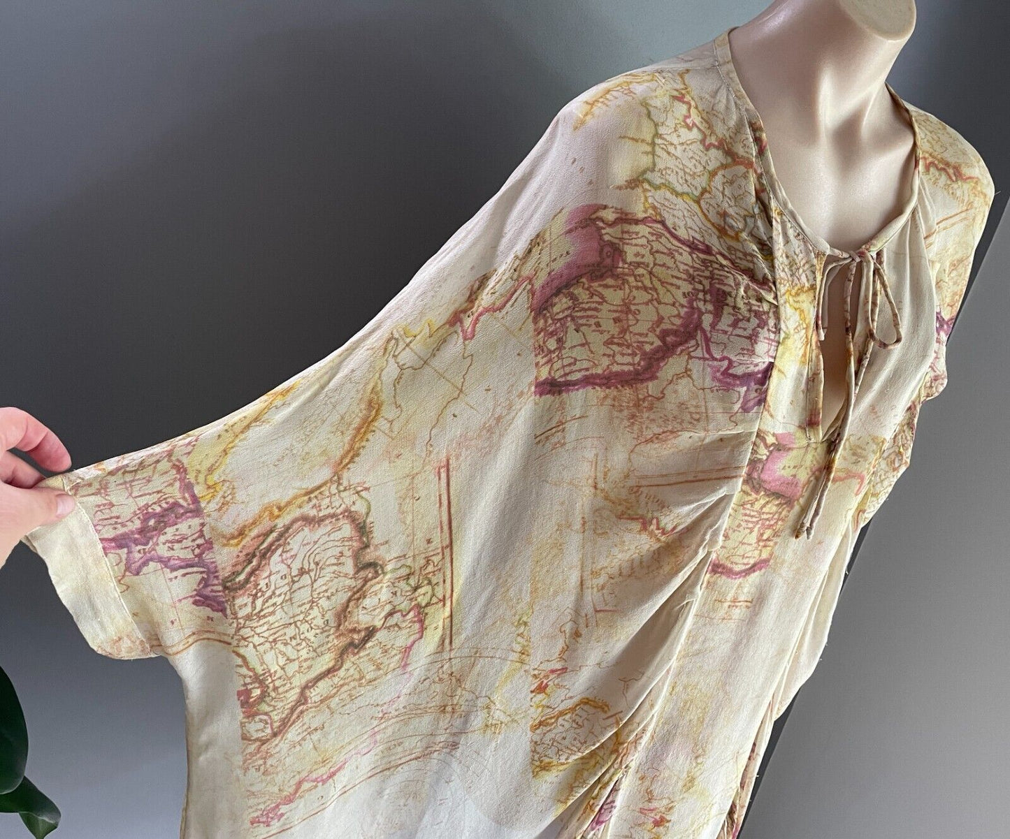 SAN CERRE Silk Kaftan Top Blouse Beige Yellow Pink Map Print Sheer Size XL 16
