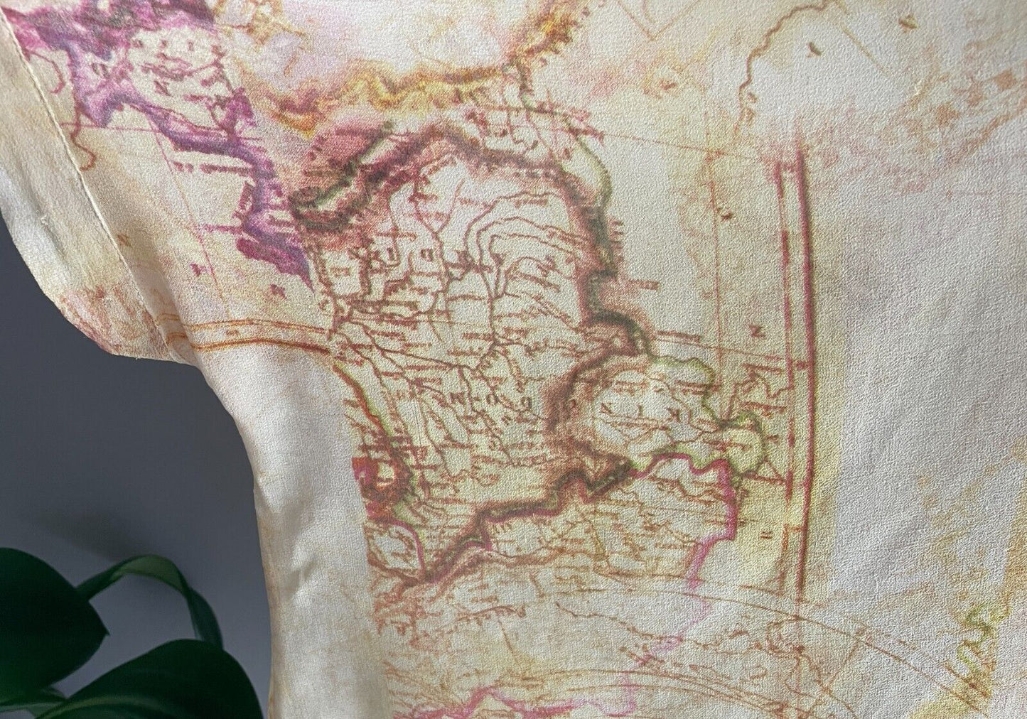 SAN CERRE Silk Kaftan Top Blouse Beige Yellow Pink Map Print Sheer Size XL 16