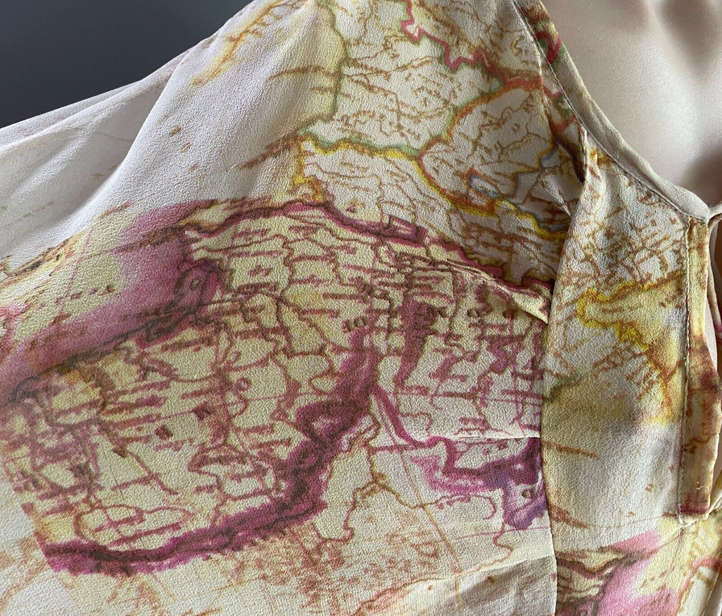 SAN CERRE Silk Kaftan Top Blouse Beige Yellow Pink Map Print Sheer Size XL 16