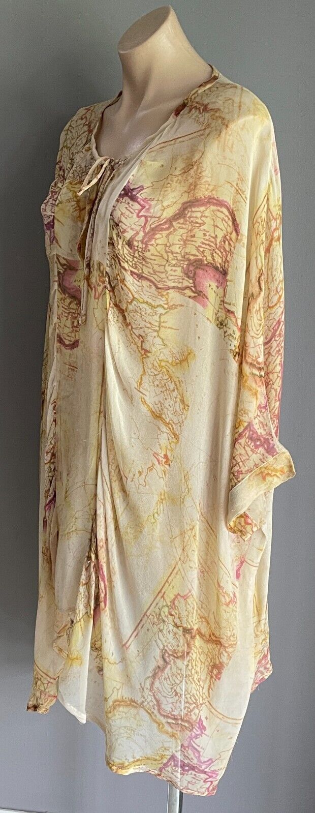 SAN CERRE Silk Kaftan Top Blouse Beige Yellow Pink Map Print Sheer Size XL 16