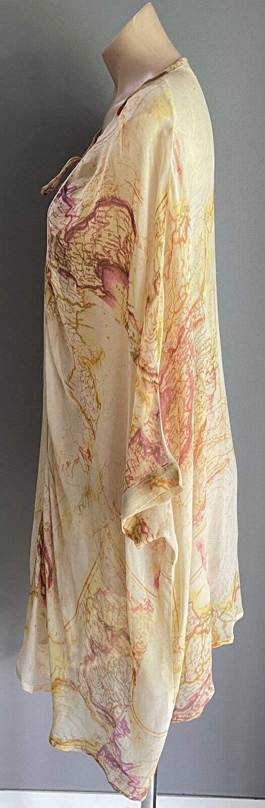 SAN CERRE Silk Kaftan Top Blouse Beige Yellow Pink Map Print Sheer Size XL 16