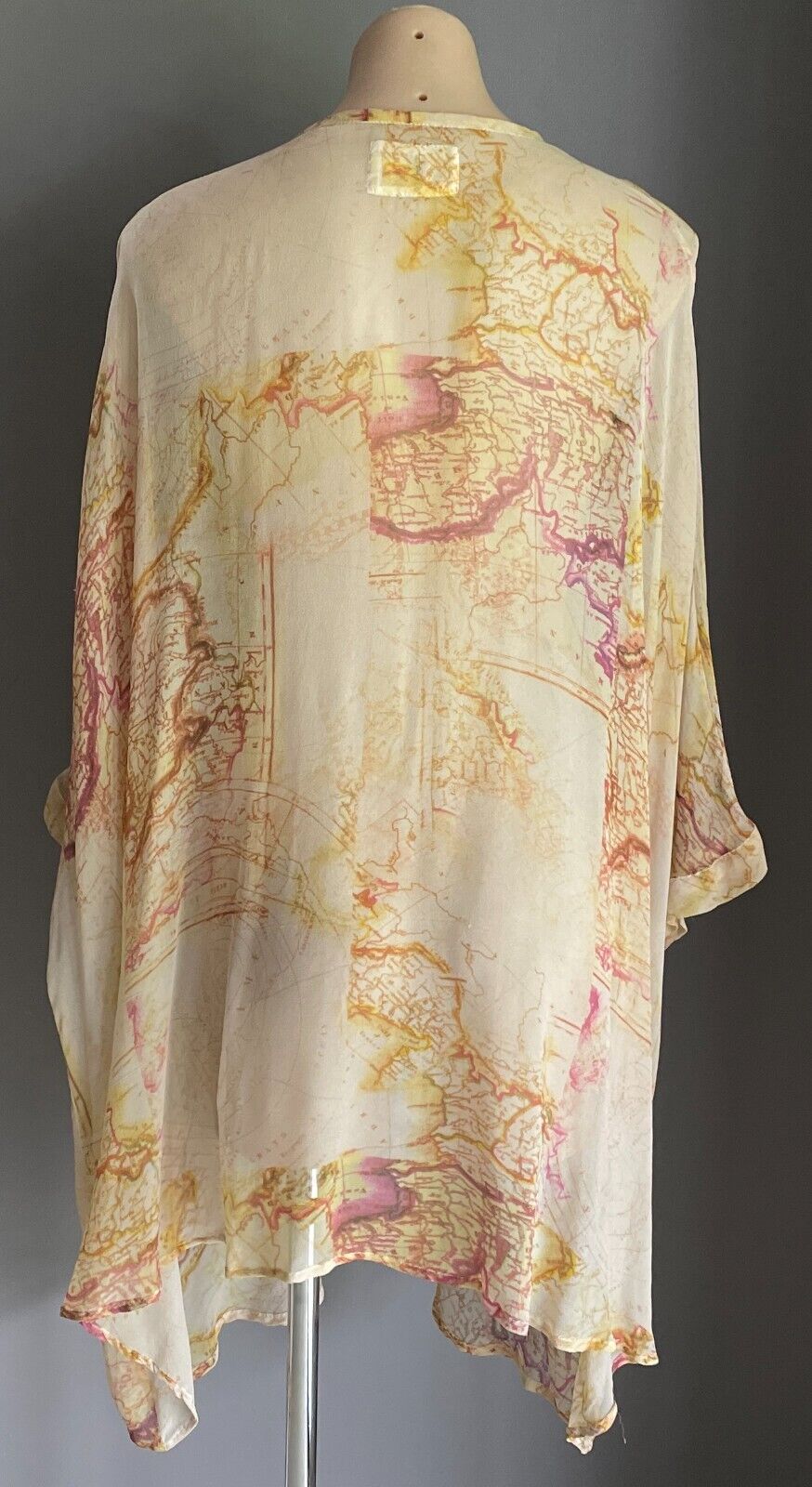 SAN CERRE Silk Kaftan Top Blouse Beige Yellow Pink Map Print Sheer Size XL 16