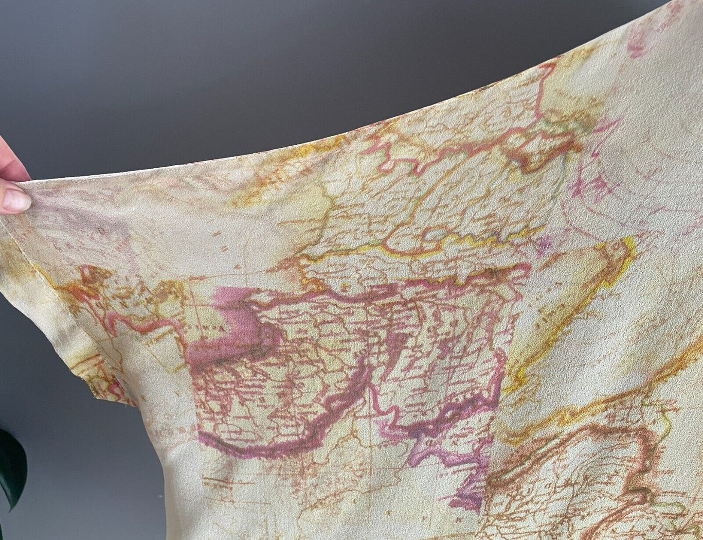SAN CERRE Silk Kaftan Top Blouse Beige Yellow Pink Map Print Sheer Size XL 16