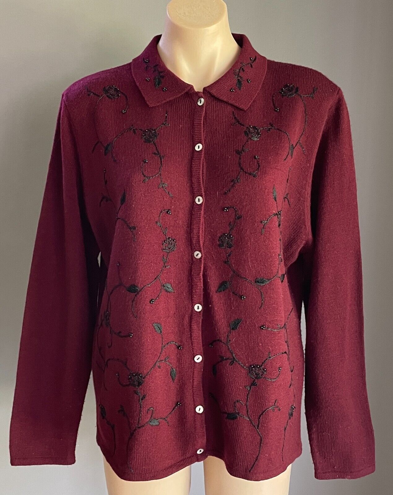HILLARY PAIGE SPORT Aubergine Black Floral Embroidery Cardigan Size XL 14 Beaded