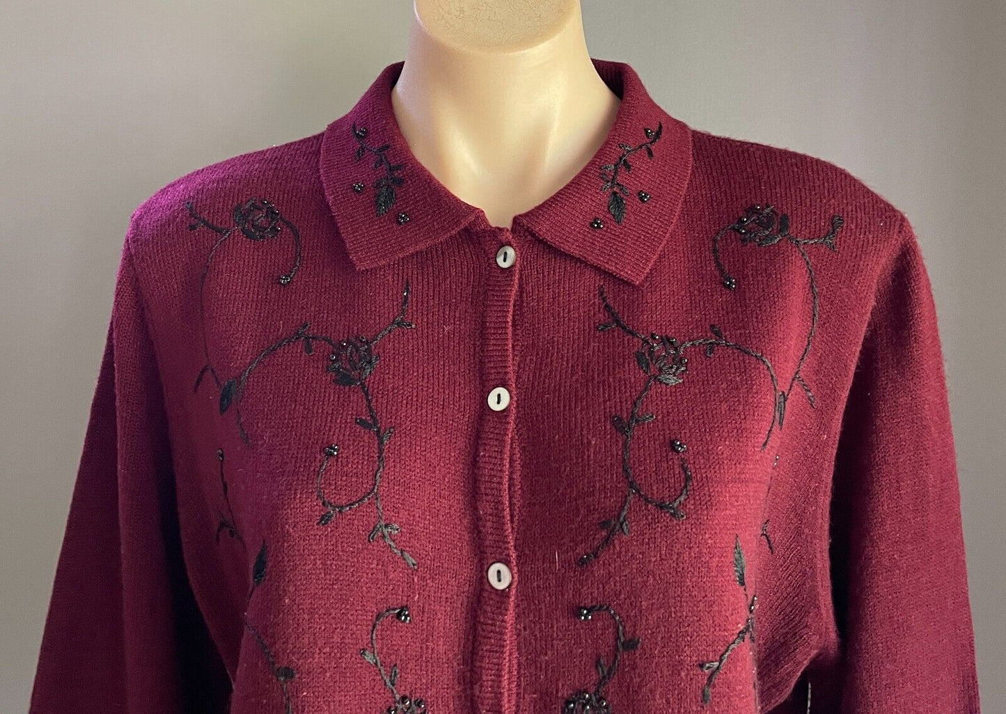 HILLARY PAIGE SPORT Aubergine Black Floral Embroidery Cardigan Size XL 14 Beaded