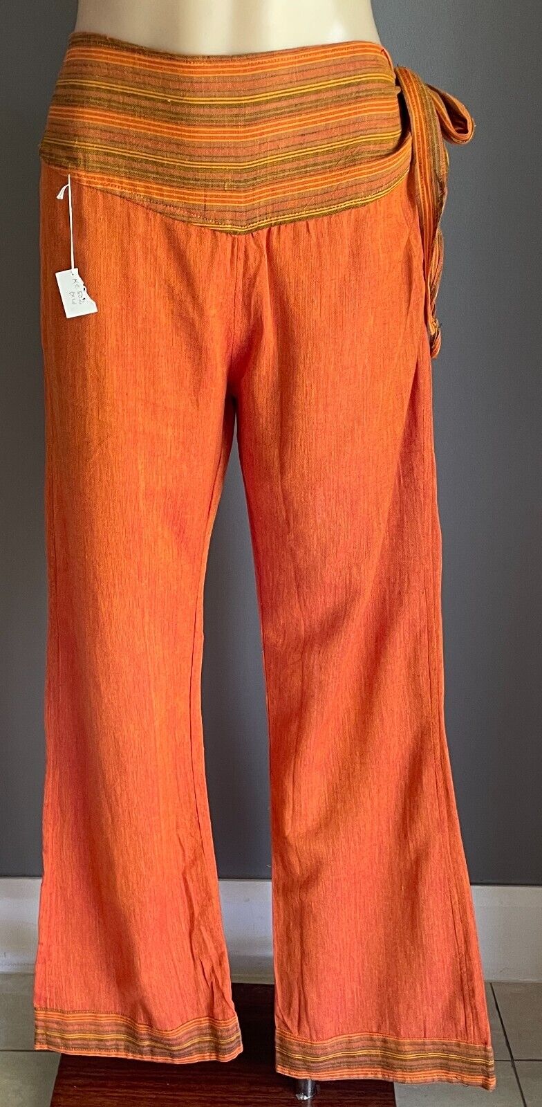 TIBET HOUSE Cotton Pants Orange Bootleg Lightweight Side Tie Sz XL 12 NEW Hippie