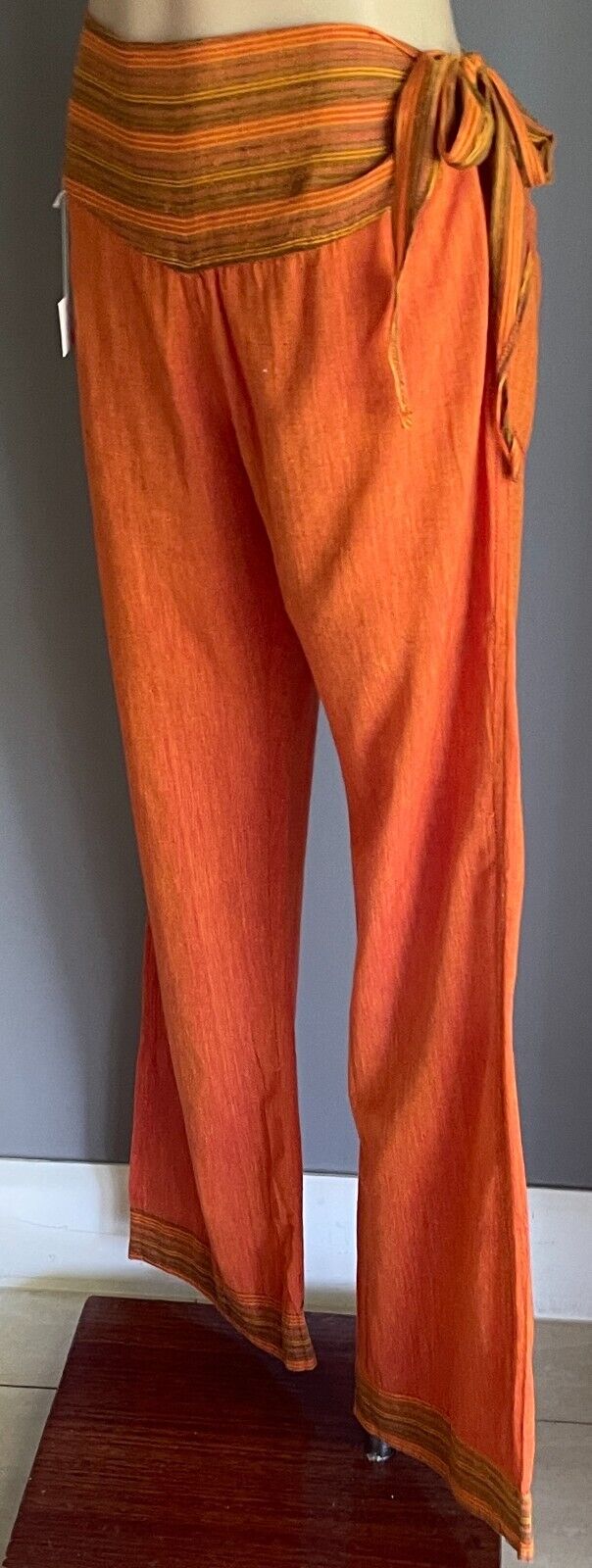 TIBET HOUSE Cotton Pants Orange Bootleg Lightweight Side Tie Sz XL 12 NEW Hippie