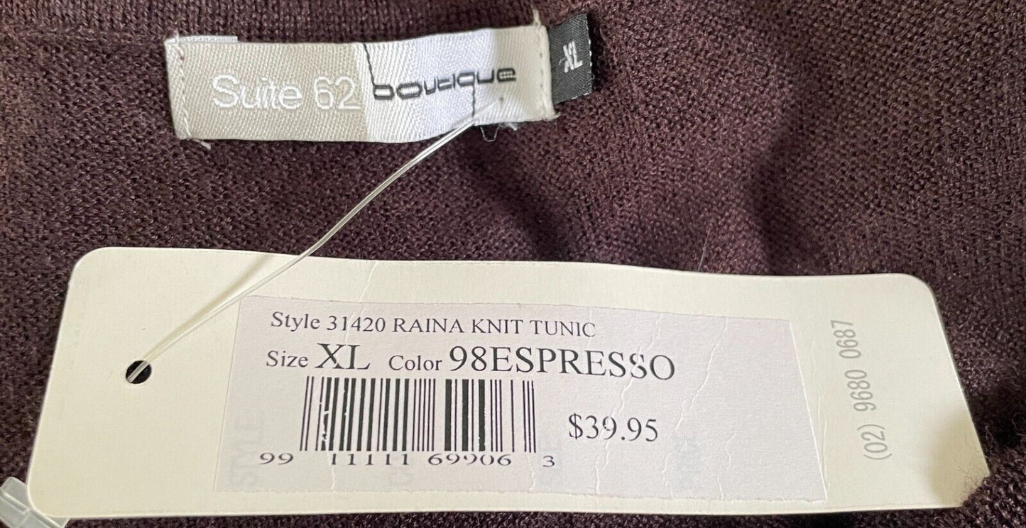SUITE 62 BOUTIQUE Raina Fine Knit Tunic Espresso Brown Sleeveless Size XL 12 NEW