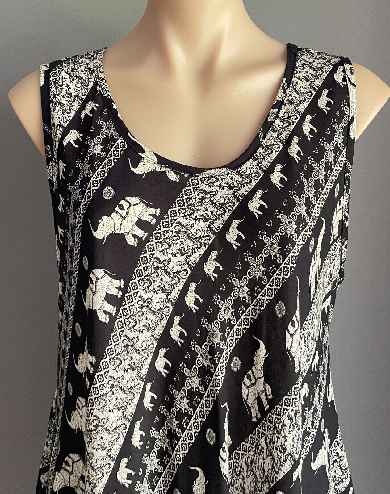 Cotton Dress Black Cream Elephants Batik Print Sleeveless A-Line Midi Sz 20 NEW