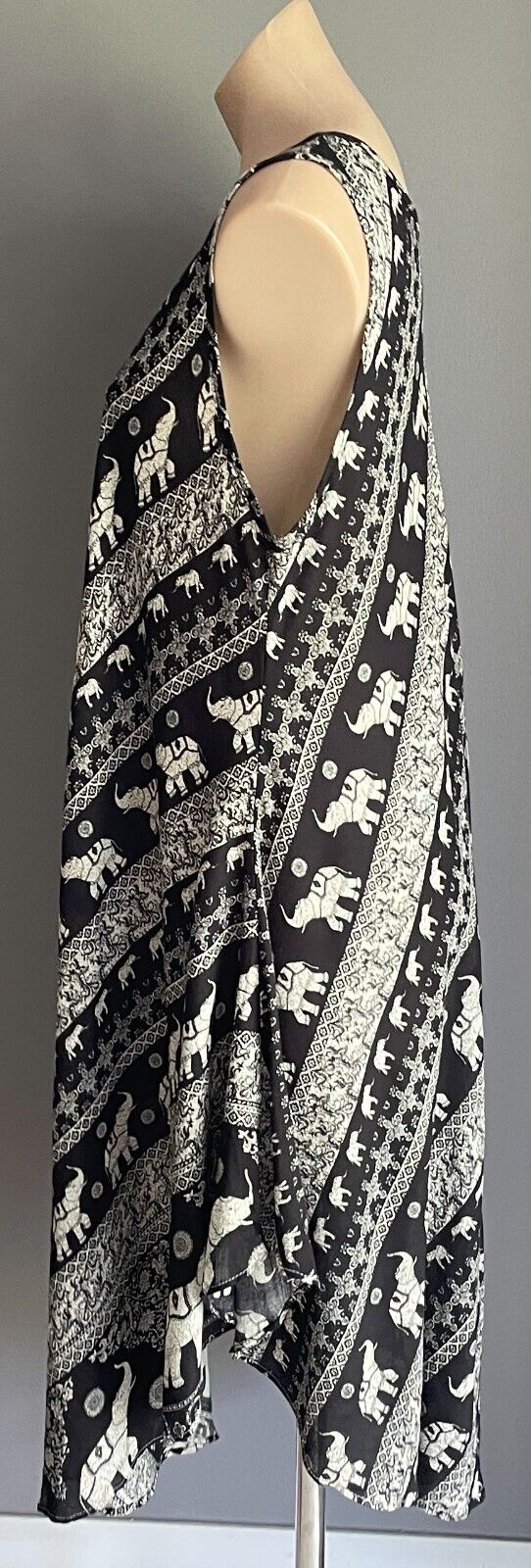 Cotton Dress Black Cream Elephants Batik Print Sleeveless A-Line Midi Sz 20 NEW
