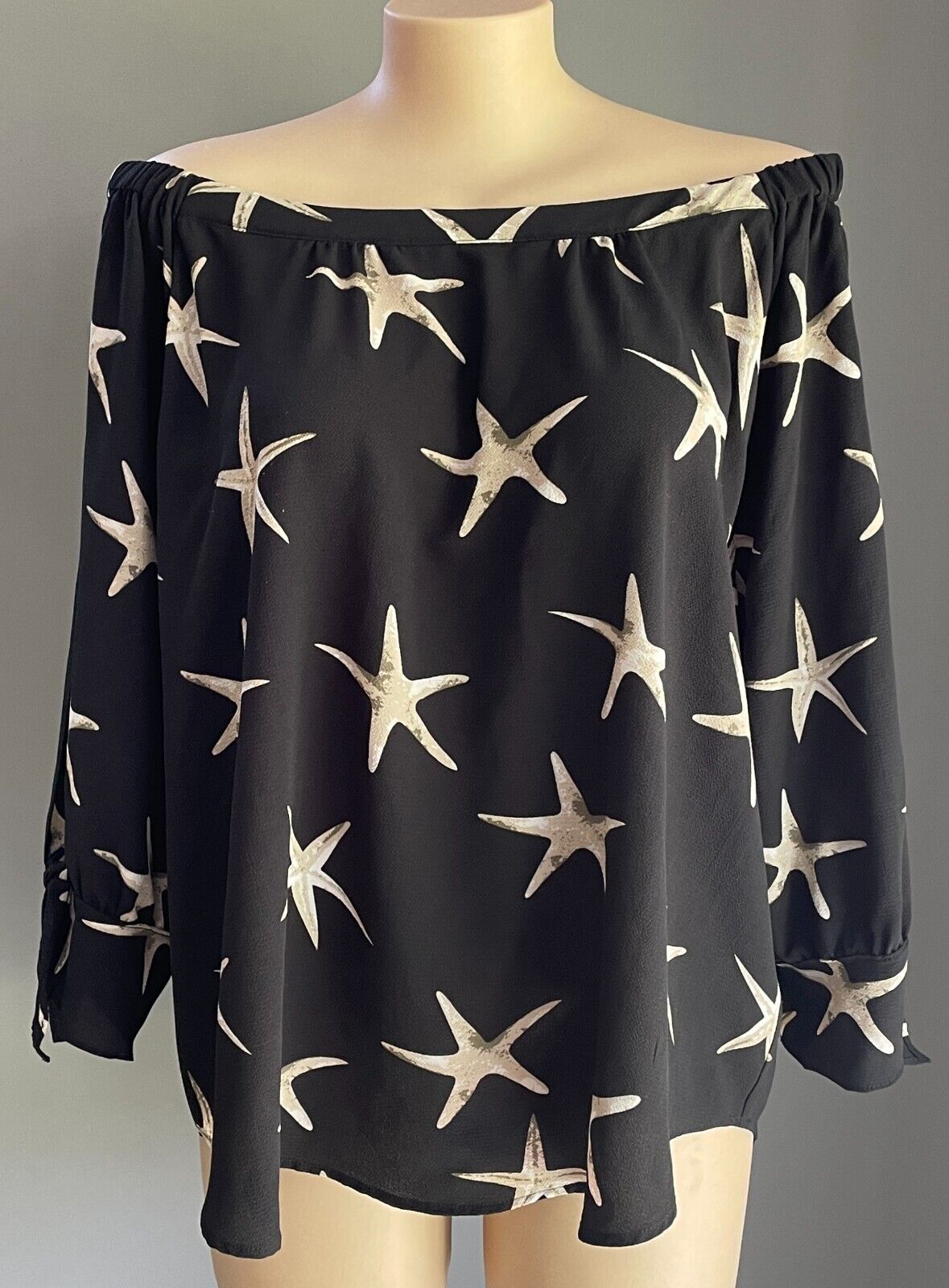 Black Top Off The Shoulder 3/4 Tie Sleeve Blouse Taupe Beige Star Fish Sz 20