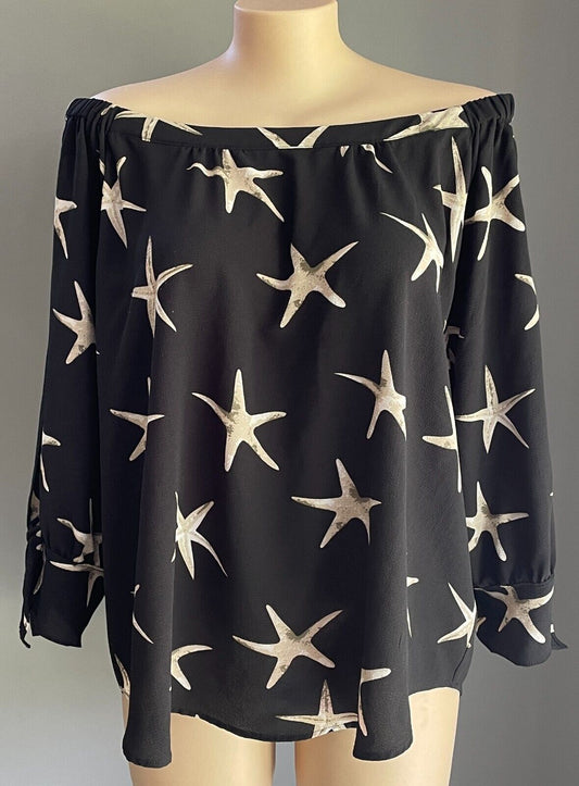Black Top Off The Shoulder 3/4 Tie Sleeve Blouse Taupe Beige Star Fish Sz 20