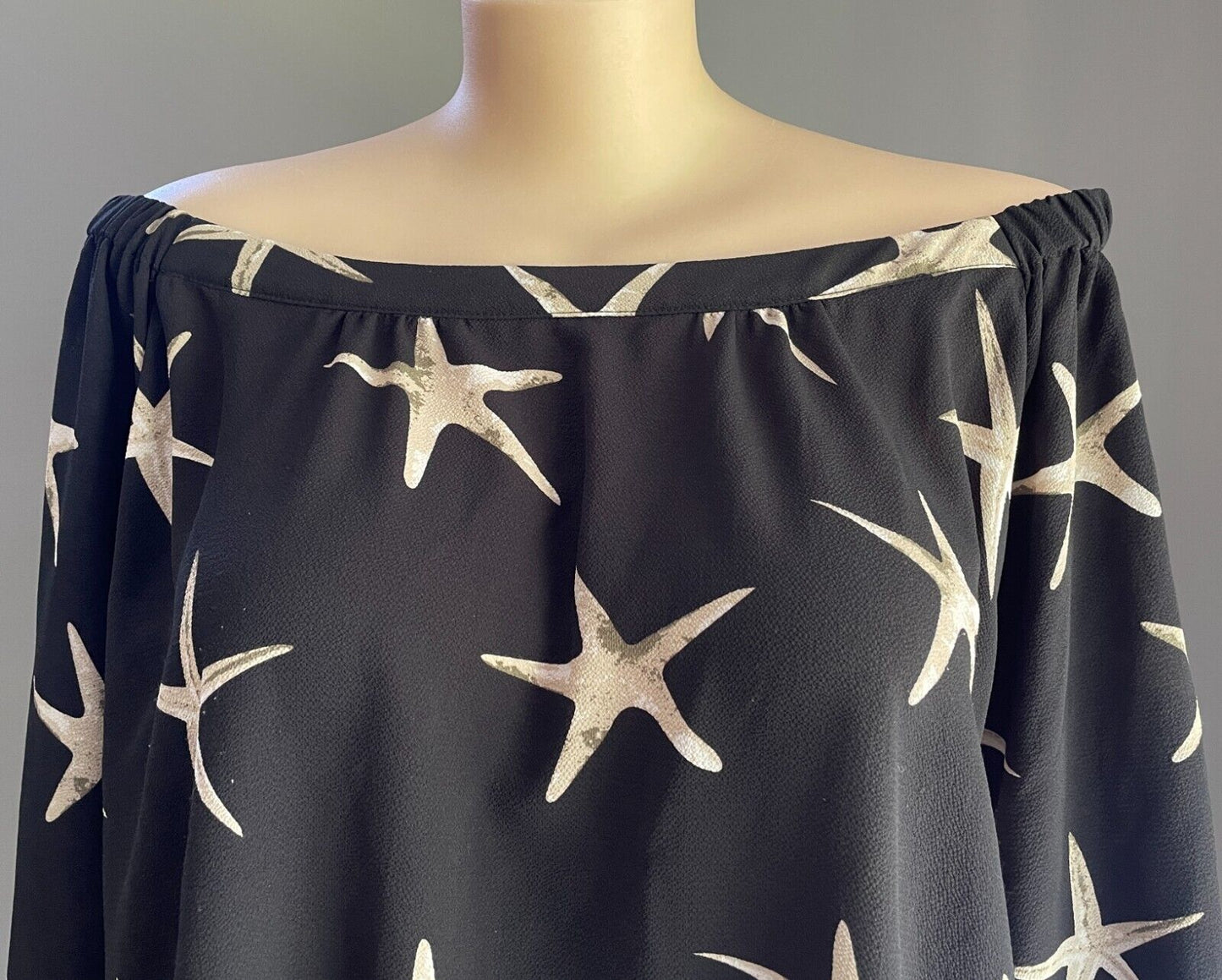 Black Top Off The Shoulder 3/4 Tie Sleeve Blouse Taupe Beige Star Fish Sz 20