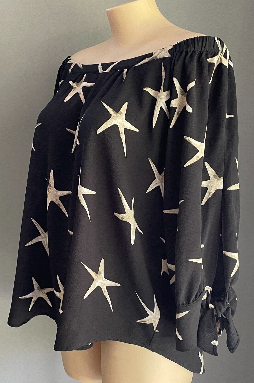 Black Top Off The Shoulder 3/4 Tie Sleeve Blouse Taupe Beige Star Fish Sz 20