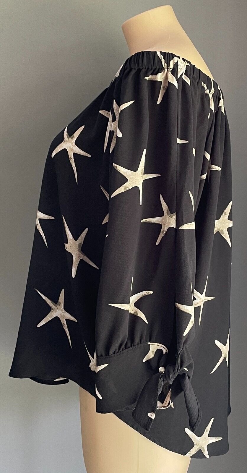 Black Top Off The Shoulder 3/4 Tie Sleeve Blouse Taupe Beige Star Fish Sz 20