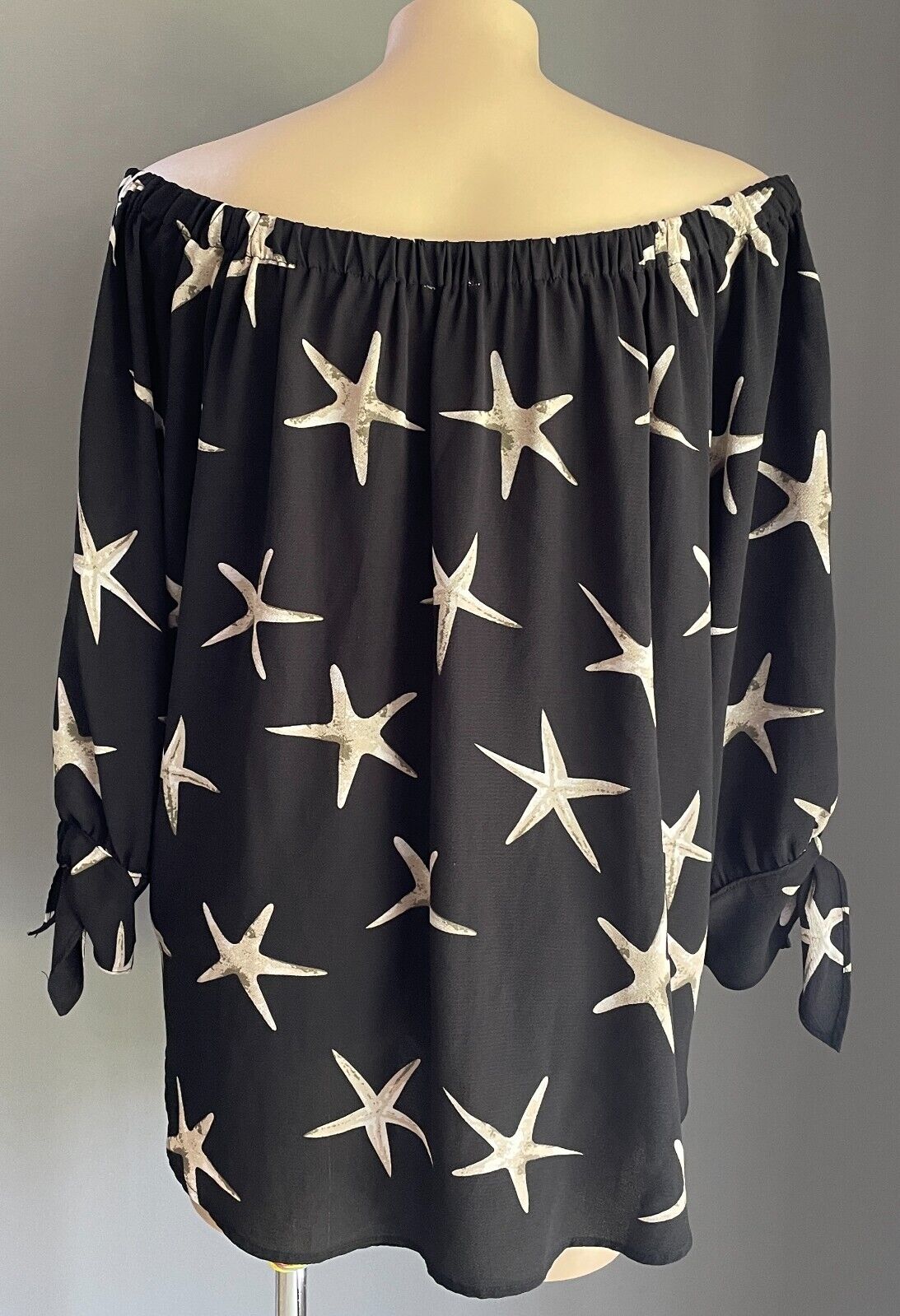 Black Top Off The Shoulder 3/4 Tie Sleeve Blouse Taupe Beige Star Fish Sz 20