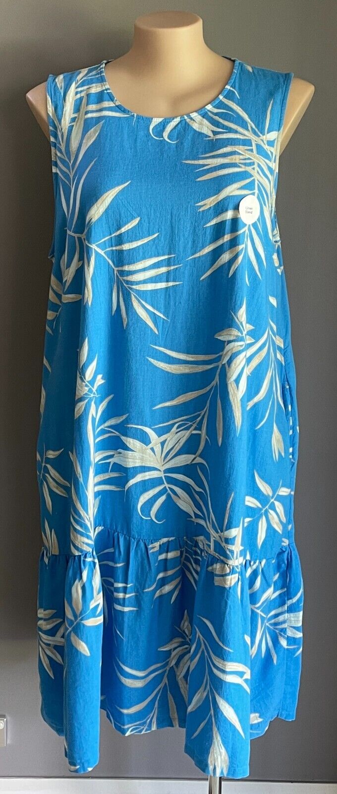 ANKO K-MART Dress Blue Leaf Print Linen Blend Sleeveless A-line Tier Hem 20 NEW