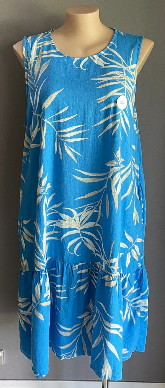 ANKO K-MART Dress Blue Leaf Print Linen Blend Sleeveless A-line Tier Hem 20 NEW