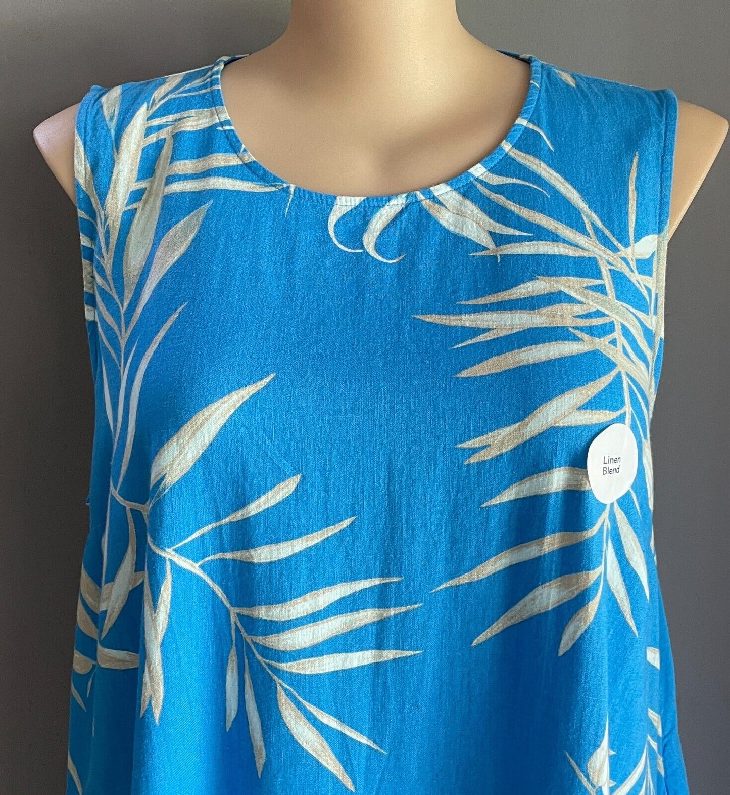 ANKO K-MART Dress Blue Leaf Print Linen Blend Sleeveless A-line Tier Hem 20 NEW