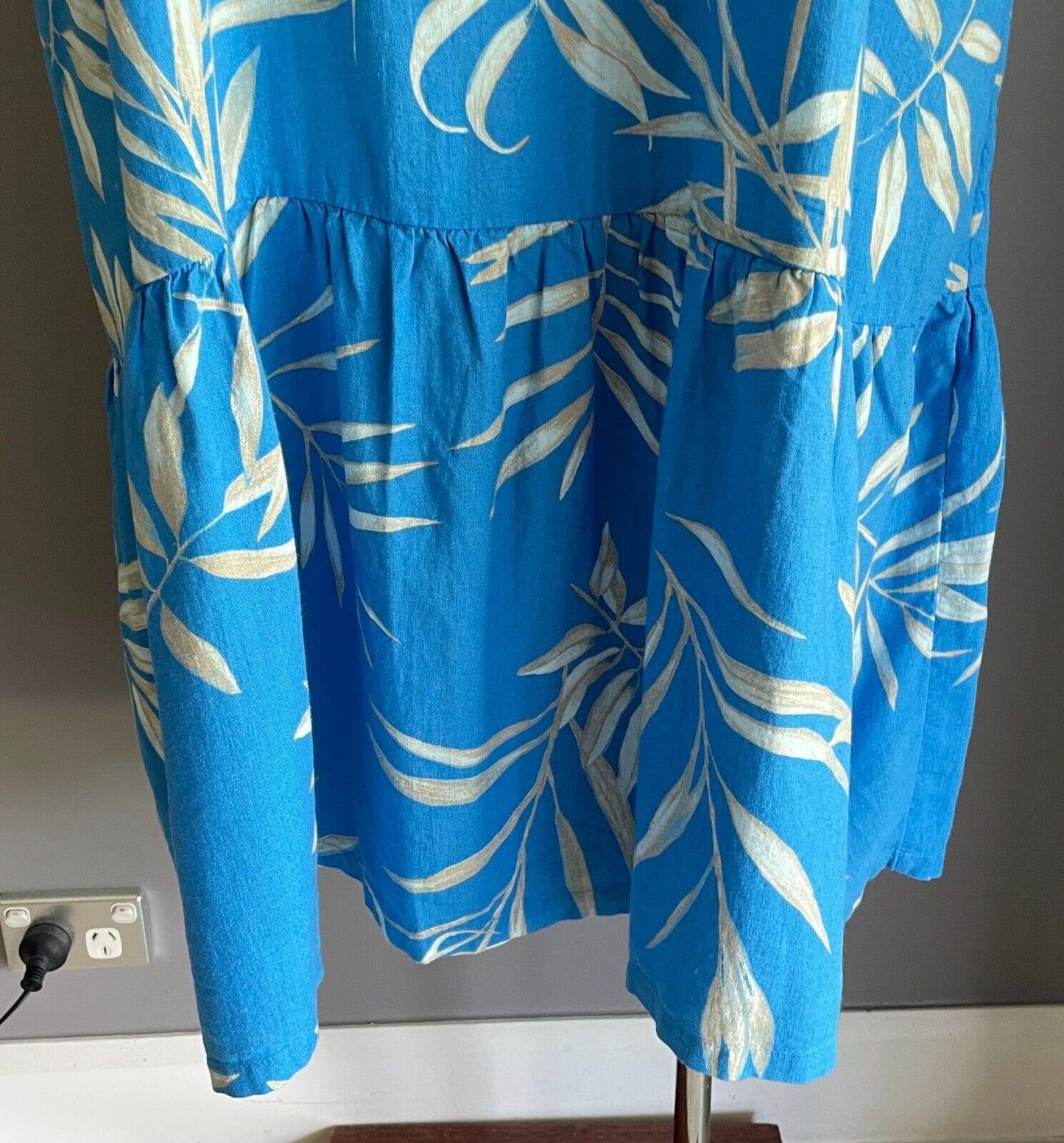 ANKO K-MART Dress Blue Leaf Print Linen Blend Sleeveless A-line Tier Hem 20 NEW
