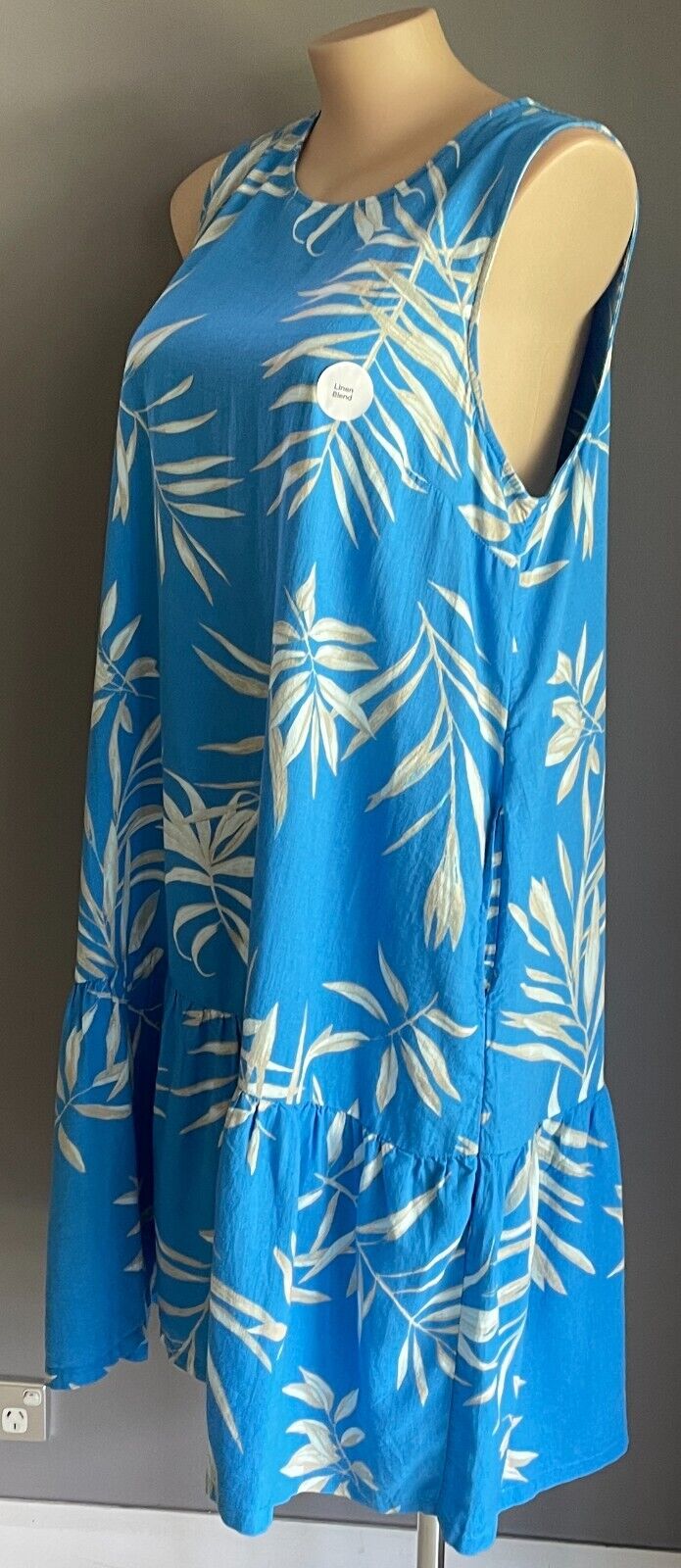 ANKO K-MART Dress Blue Leaf Print Linen Blend Sleeveless A-line Tier Hem 20 NEW