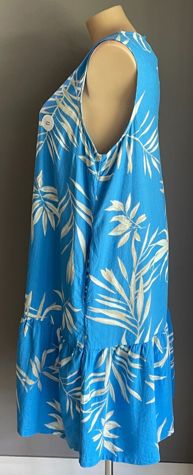 ANKO K-MART Dress Blue Leaf Print Linen Blend Sleeveless A-line Tier Hem 20 NEW