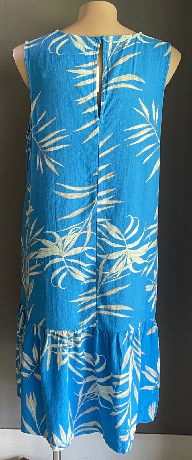 ANKO K-MART Dress Blue Leaf Print Linen Blend Sleeveless A-line Tier Hem 20 NEW