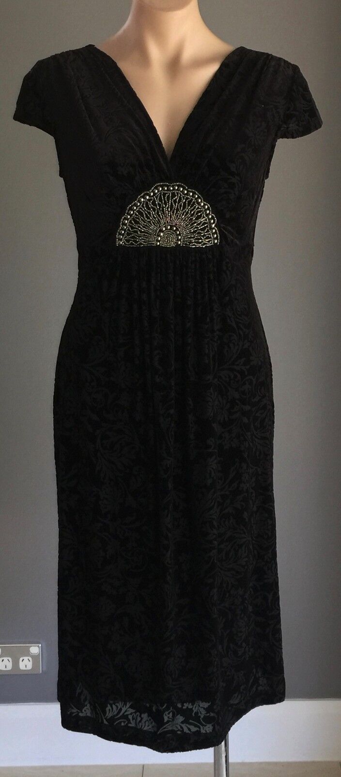 PER UNA Black Dress Baroque Print Velvet Look Empire Waist Size 10 Stunning