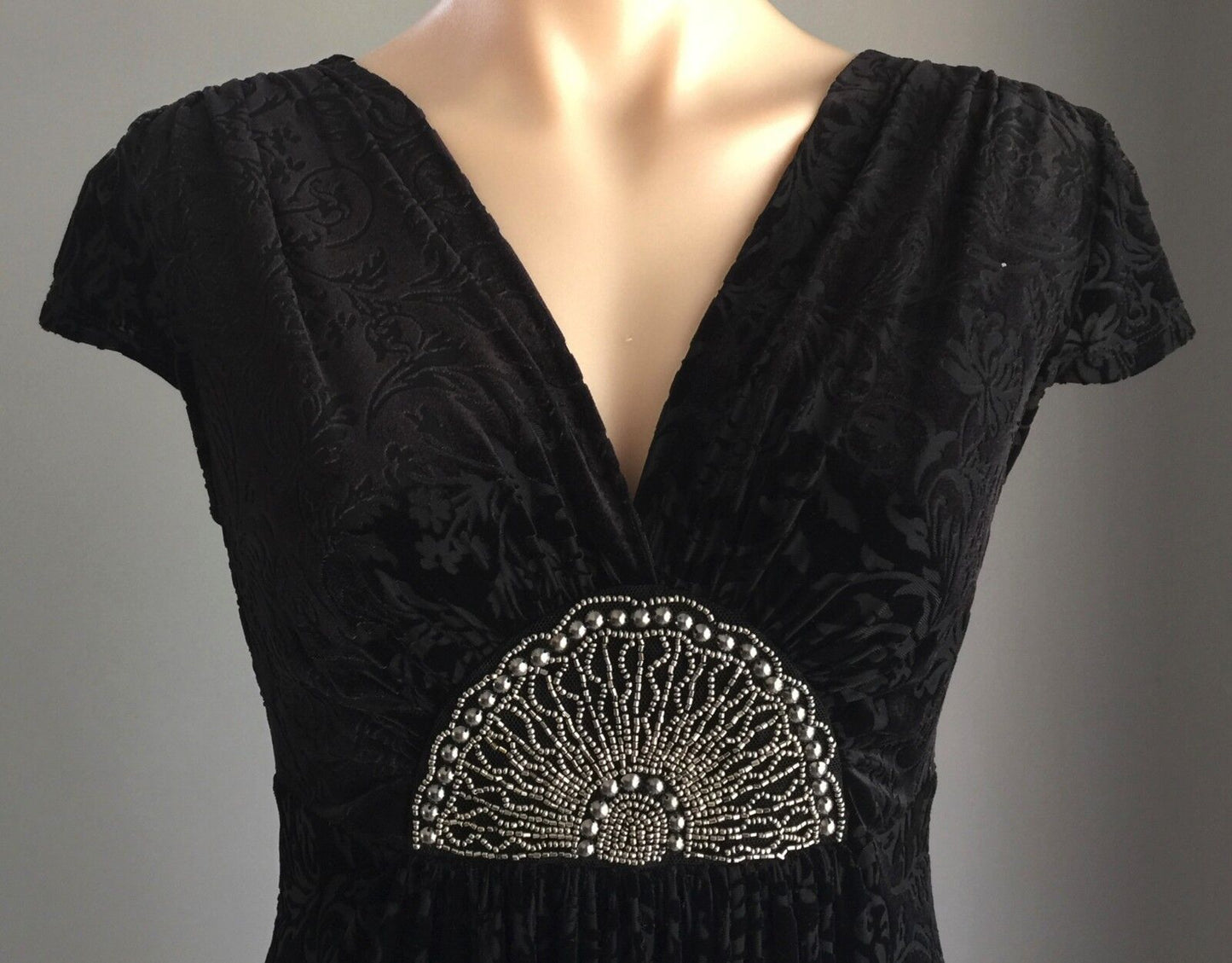 PER UNA Black Dress Baroque Print Velvet Look Empire Waist Size 10 Stunning