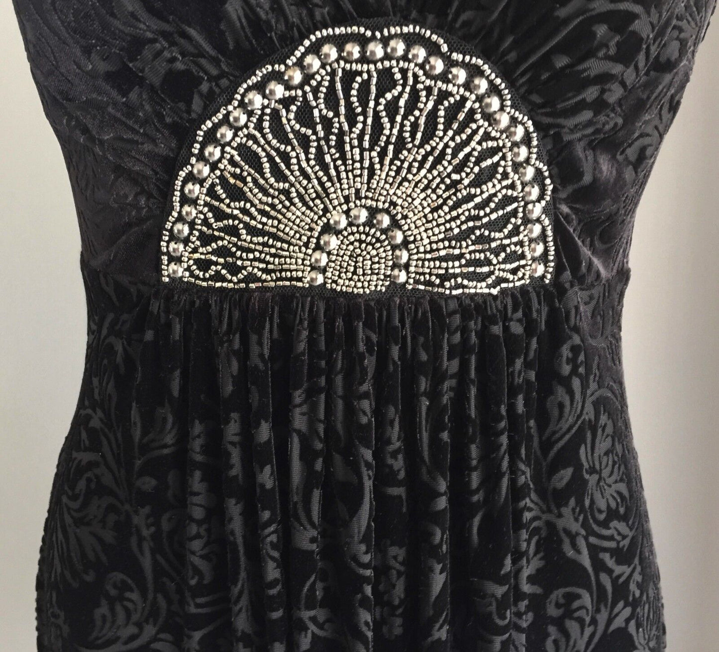 PER UNA Black Dress Baroque Print Velvet Look Empire Waist Size 10 Stunning