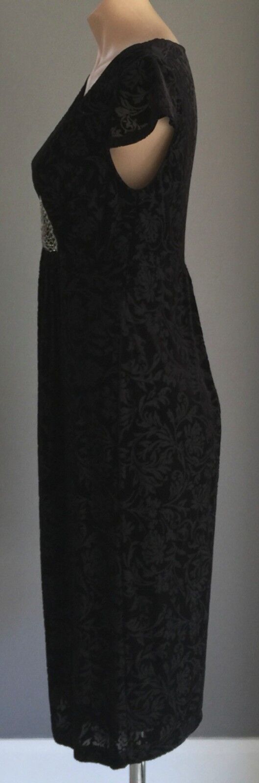 PER UNA Black Dress Baroque Print Velvet Look Empire Waist Size 10 Stunning