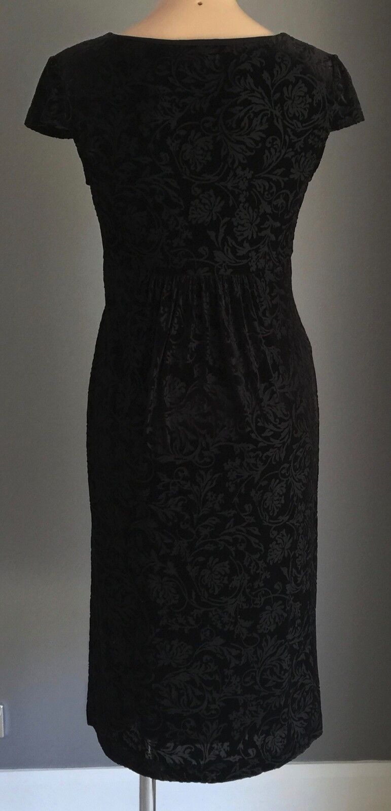 PER UNA Black Dress Baroque Print Velvet Look Empire Waist Size 10 Stunning