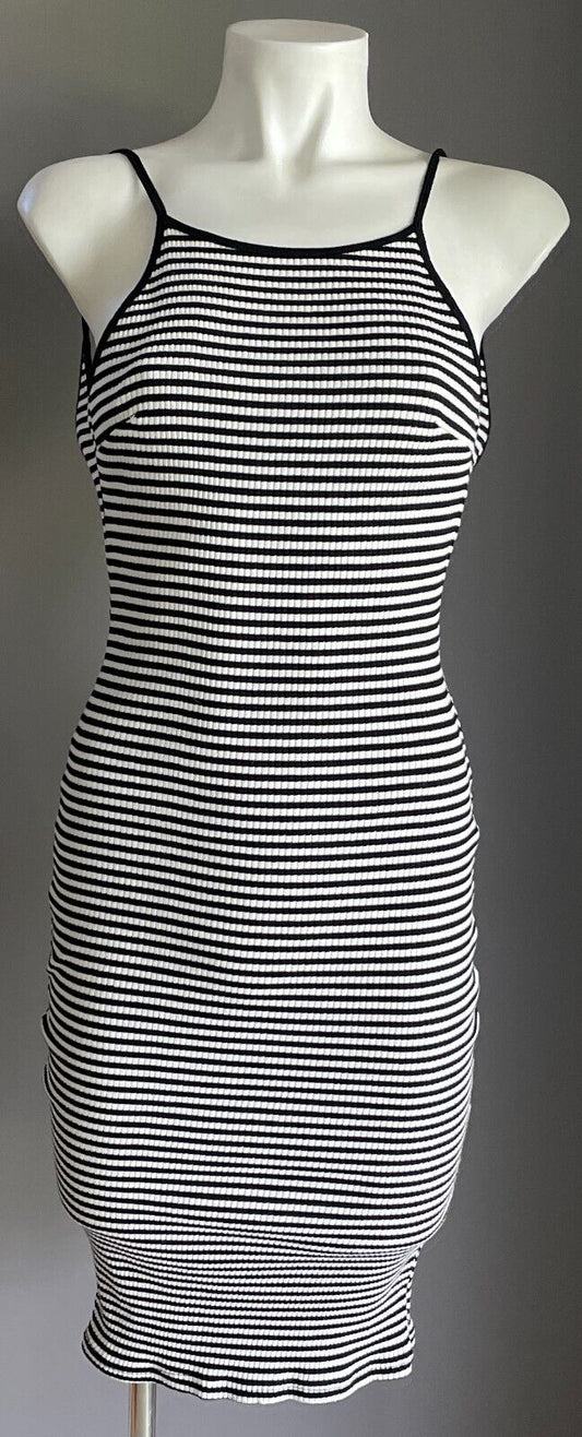 LOST MUSE Stretch Dress Black White Stripe Ribbed Scoop Back Midi Size 10 NEW
