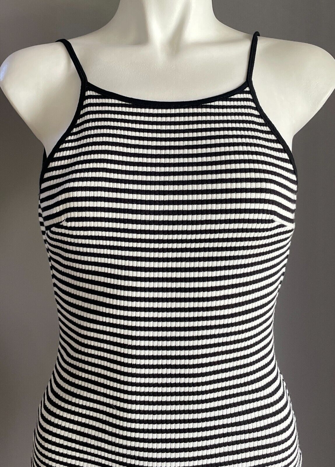 LOST MUSE Stretch Dress Black White Stripe Ribbed Scoop Back Midi Size 10 NEW