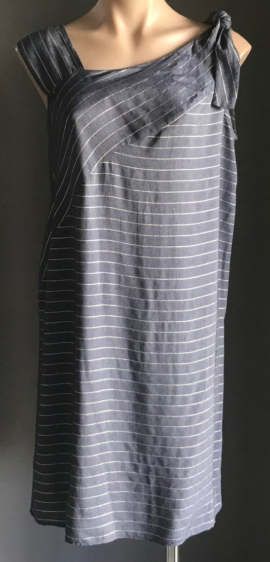 OLIVER BONAS "Absorb" Shift Dress Blue Gold Stripe Shoulder Tie Ladies Size 10