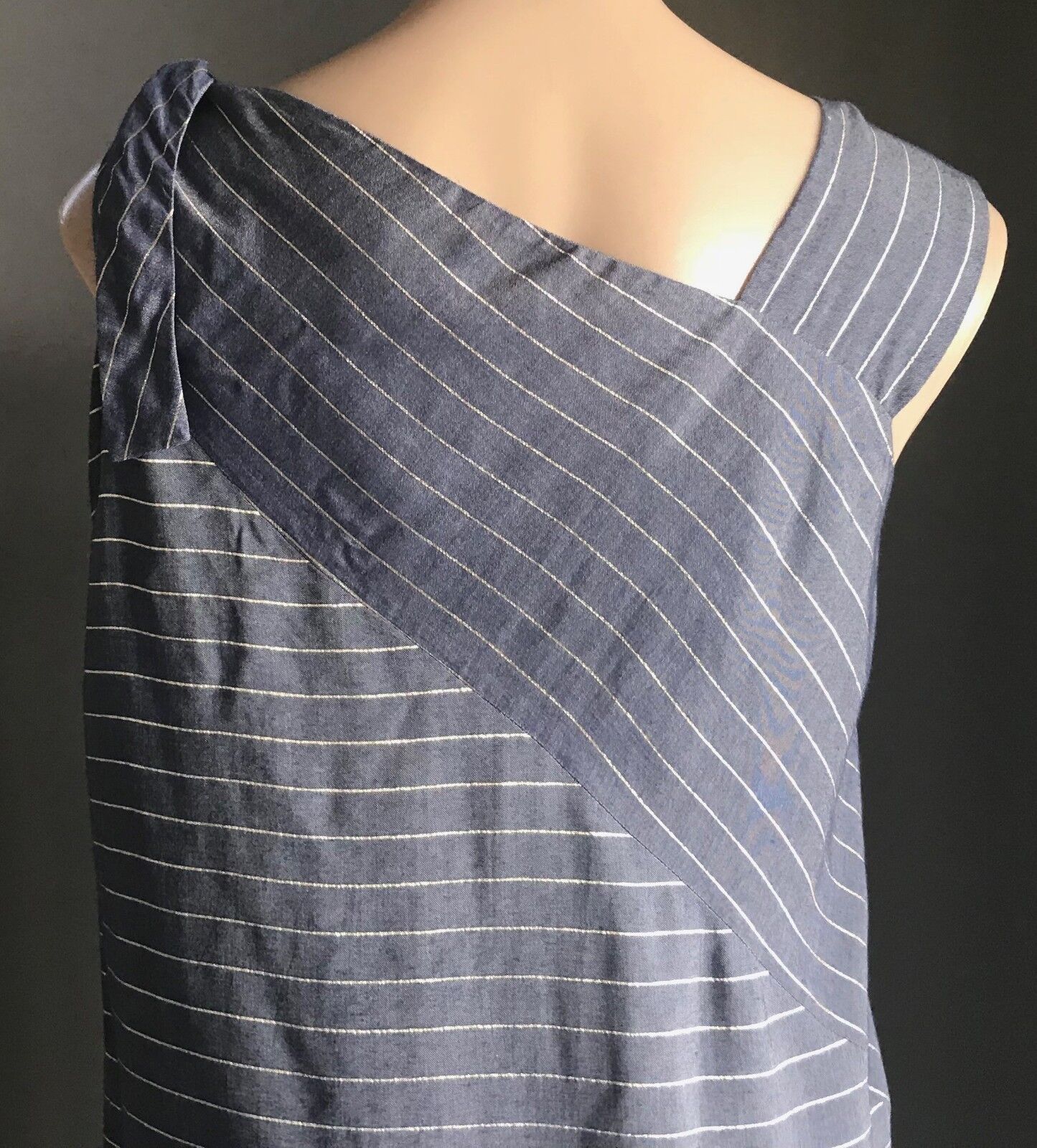 OLIVER BONAS "Absorb" Shift Dress Blue Gold Stripe Shoulder Tie Ladies Size 10