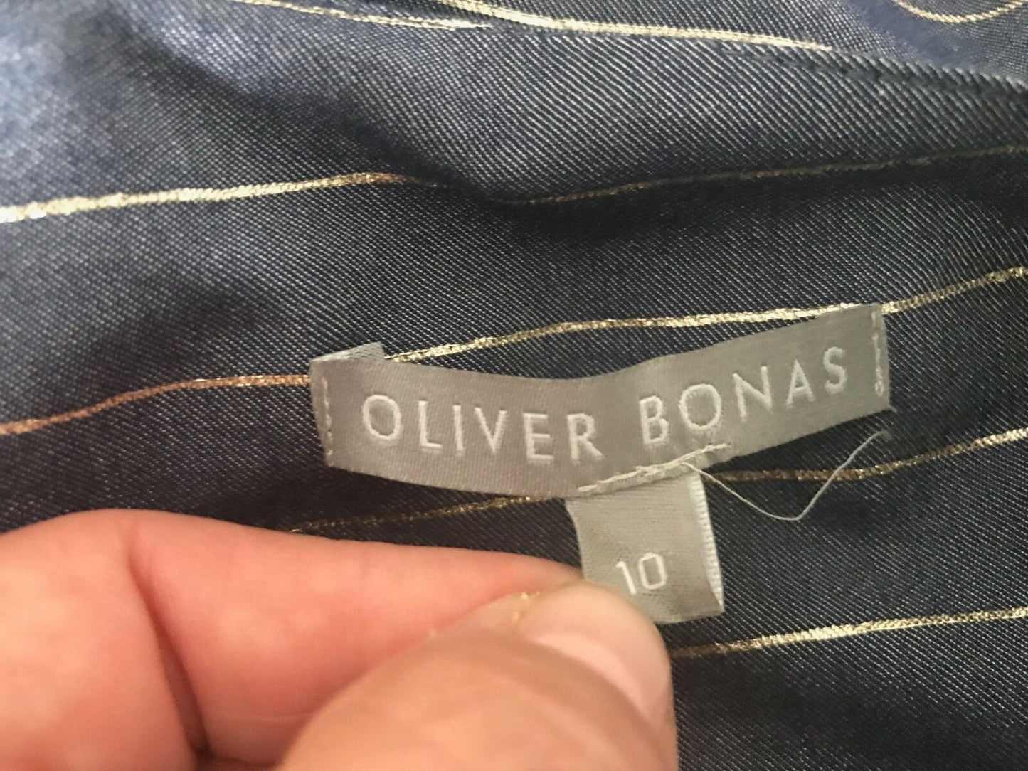 OLIVER BONAS "Absorb" Shift Dress Blue Gold Stripe Shoulder Tie Ladies Size 10