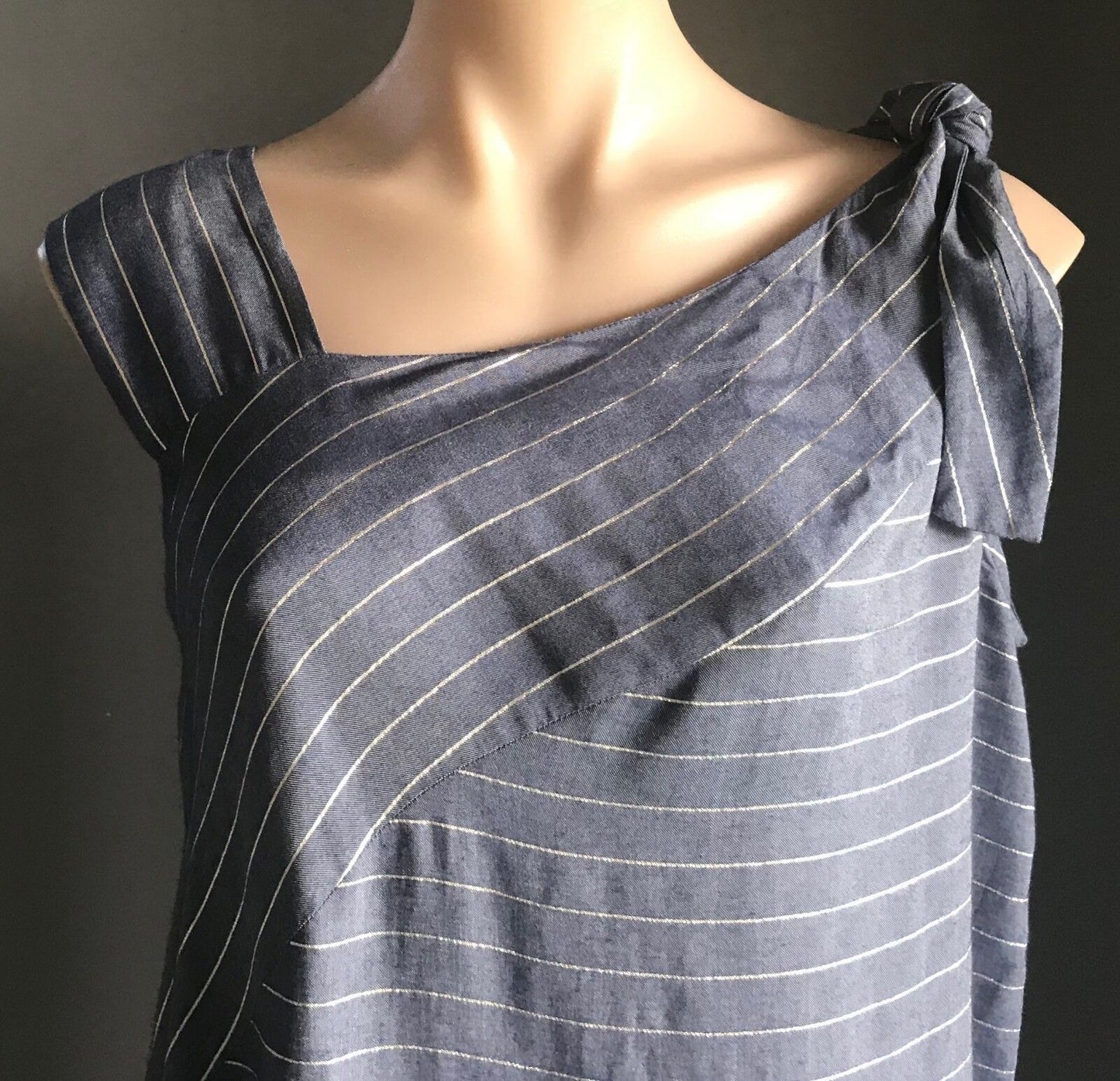 OLIVER BONAS "Absorb" Shift Dress Blue Gold Stripe Shoulder Tie Ladies Size 10