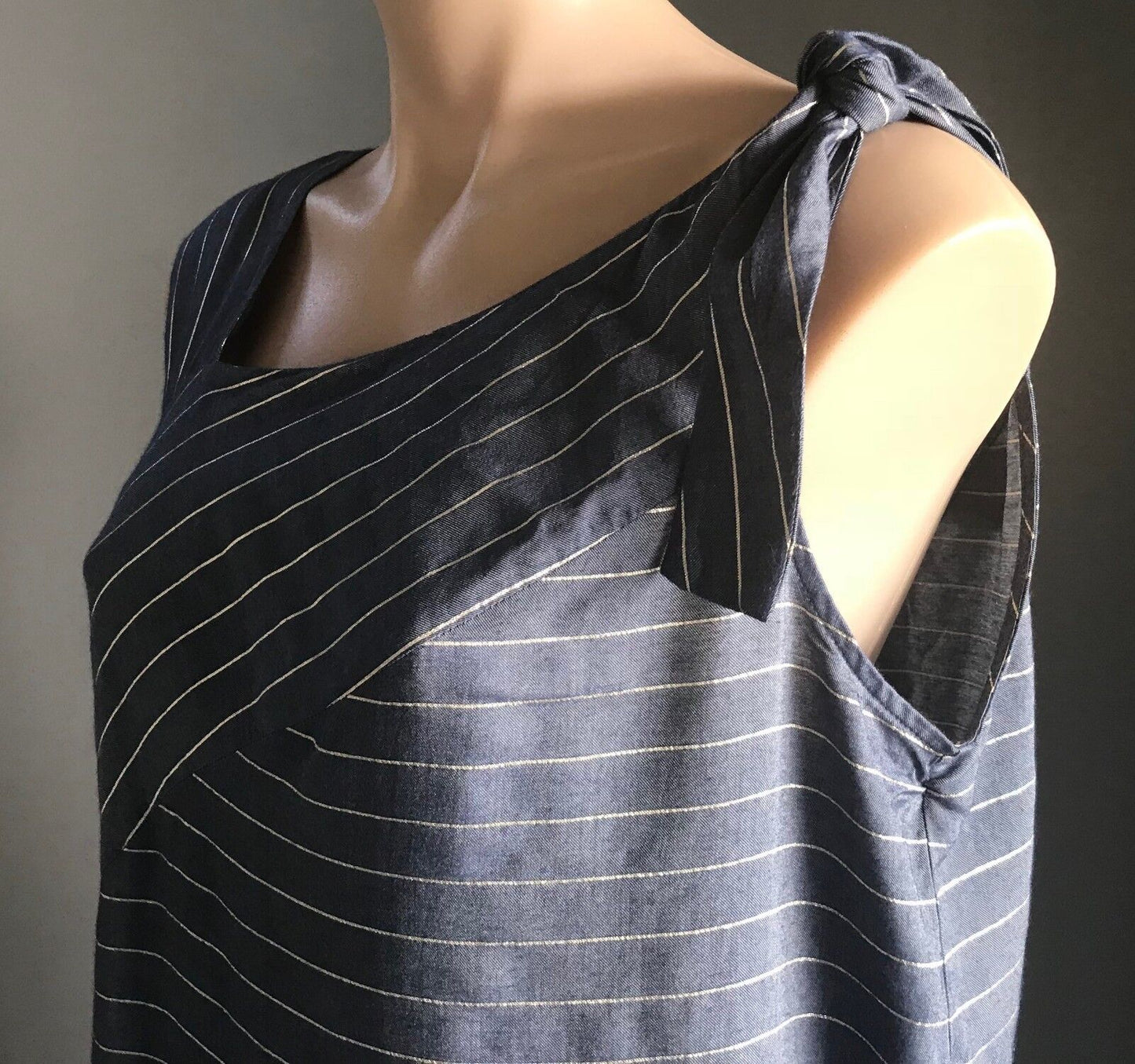 OLIVER BONAS "Absorb" Shift Dress Blue Gold Stripe Shoulder Tie Ladies Size 10