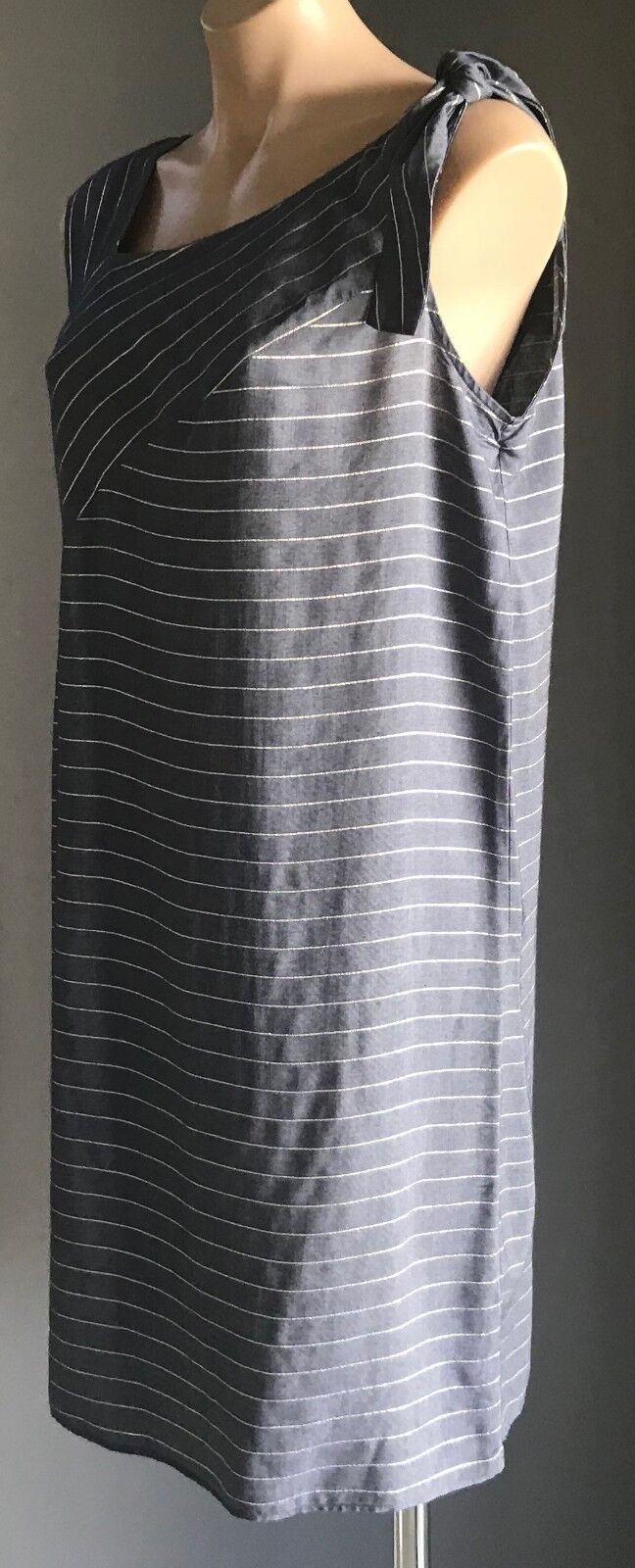 OLIVER BONAS "Absorb" Shift Dress Blue Gold Stripe Shoulder Tie Ladies Size 10