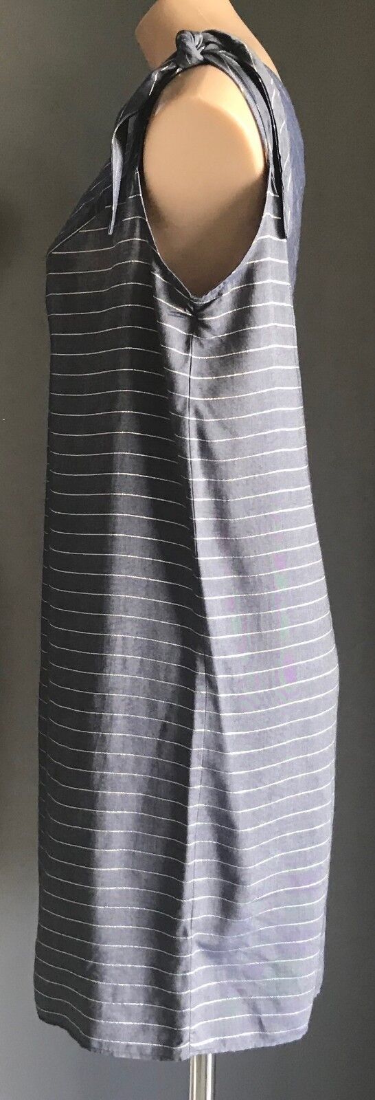 OLIVER BONAS "Absorb" Shift Dress Blue Gold Stripe Shoulder Tie Ladies Size 10