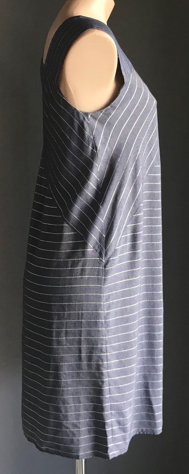 OLIVER BONAS "Absorb" Shift Dress Blue Gold Stripe Shoulder Tie Ladies Size 10