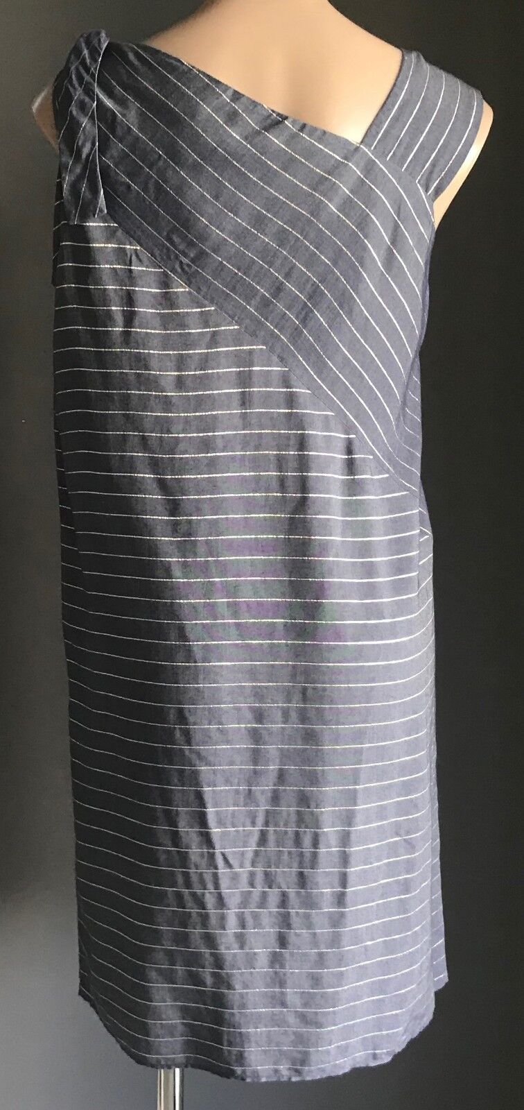 OLIVER BONAS "Absorb" Shift Dress Blue Gold Stripe Shoulder Tie Ladies Size 10
